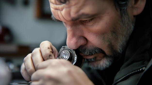 Watchmaker inspecting a watch with a loupe.